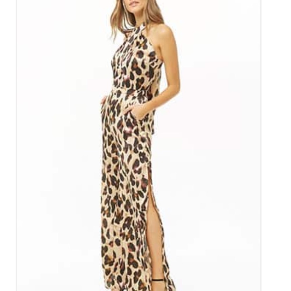 Satin leopard backless halter jumpsuit